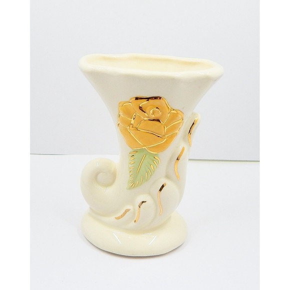 Cornucopia Vase Yellow Rose Gold Trimmed Ceramic USA - Picture 3 of 11